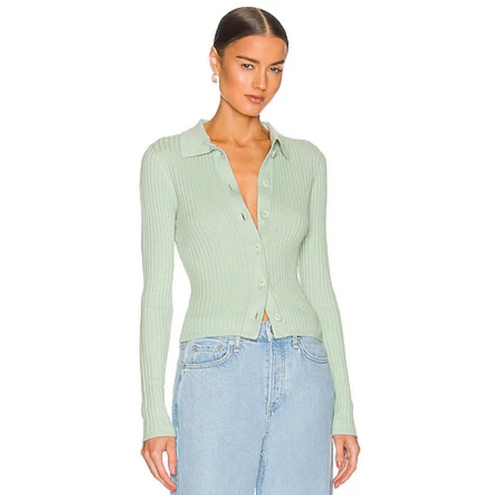 Rag & Bone Navaya Polo Cardigan Ribbed Cotton Cashmere Button Up Mint Size Small